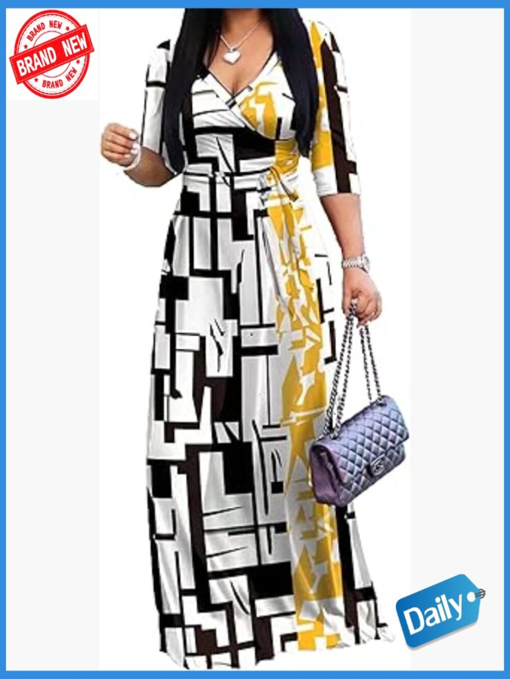 Women's Casual Sexy V Neck 3/4 Sleeve Maxi Dress Wrap